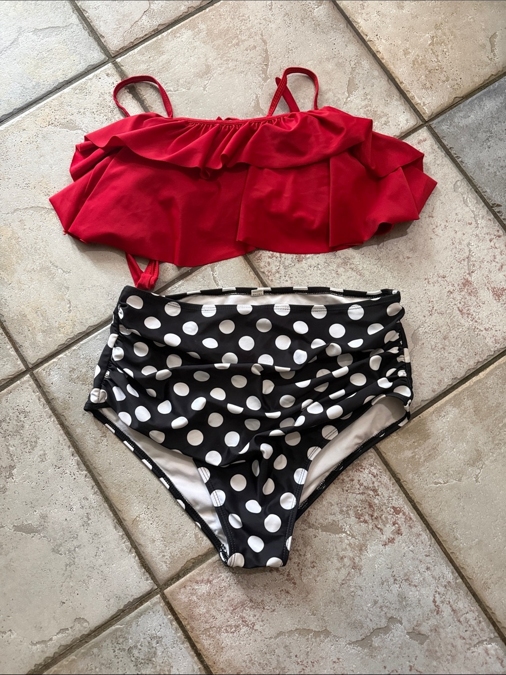 Red Ruffle Bikini Top with Black & White Polka Dot High Waist Bottoms